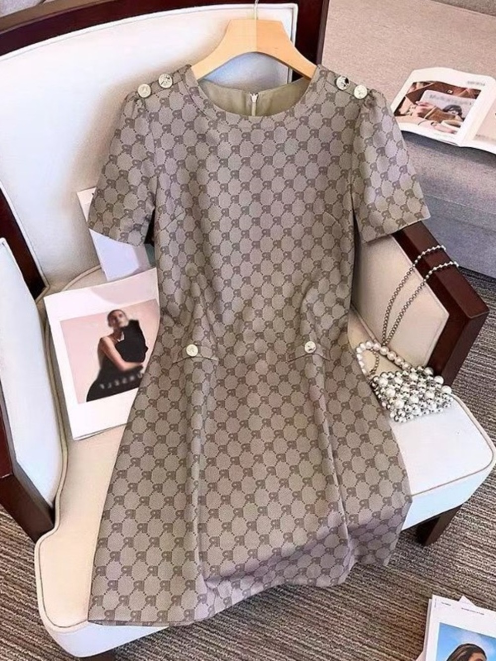 Beige Short Sleeve Patterned A-Line Dress